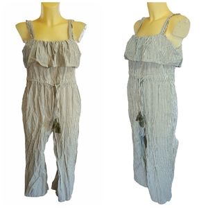 🌹3/15🌹ZARA BASIC Grey and White Striped Sleeveless Jumpsuit Waist Tassel Tie